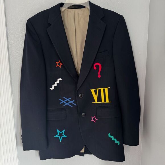 1970’s Johnny Carson Suit Jacket Sport Coat Navy Blue Embroidered Symbols Large - Picture 1 of 4